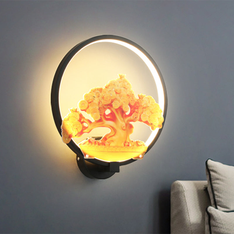 Circulaire Automne Tree Mattered Mural Light Oriental Metal LED Halway Murd Murd Murd Aymat en blanc / noir pour le côté droit / gauche