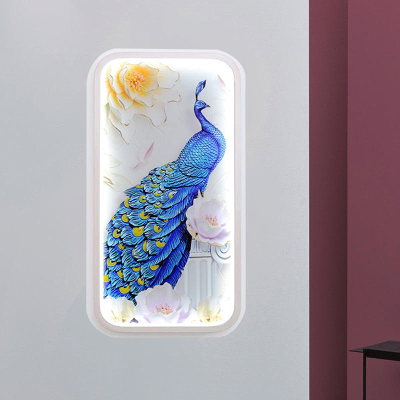 Oriental Rectangle Acrylic Peacock Mural Light LED Wall Mount Light Fixture in White