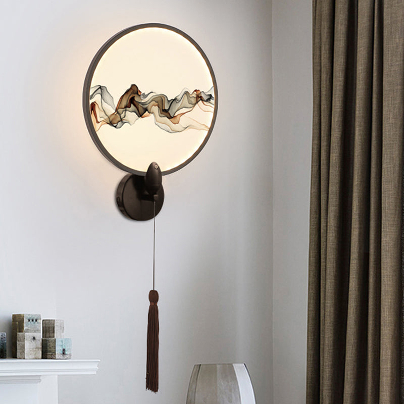 LED Bedroom Wall Mounted Light Oriental White/Black Smoke Patterned Mural Light with Round Metallic Shade
