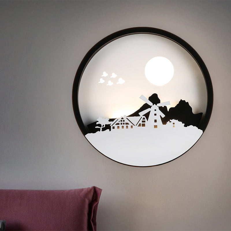Black Round House Mall Moundage Lampe Contemporary Style LED Metallic Mural Light For Guest Room