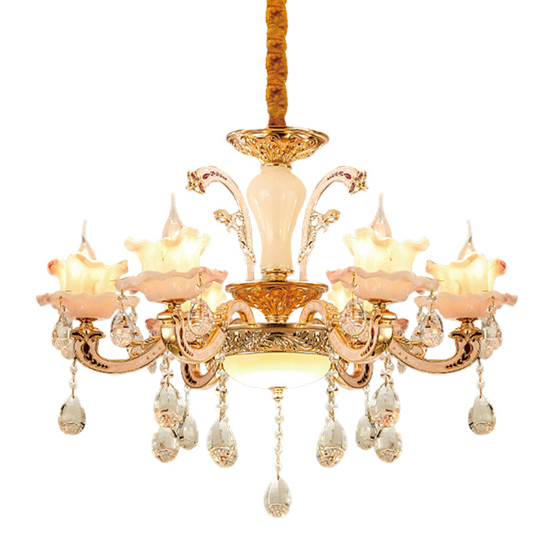 Frosted Glass Ruffle Chandelier Mid Century 6-Light Dining Room Pendant Ceiling Light in Rose Gold