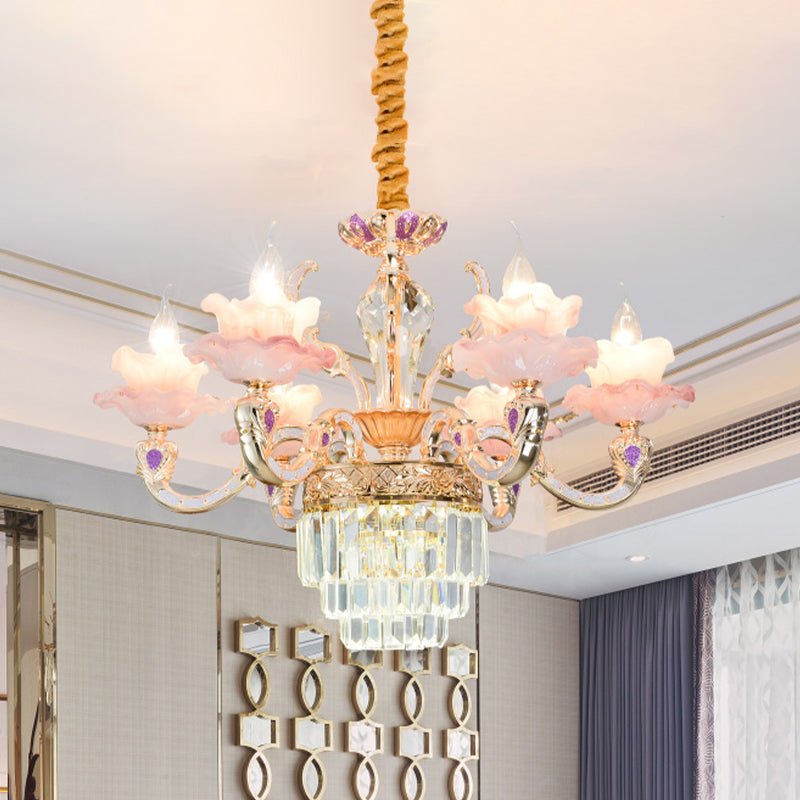 6 Lights 2-Layer Ruffle Chandelier Contemporary Pink Glass Pendant Lamp with Tiered Crystal Bottom