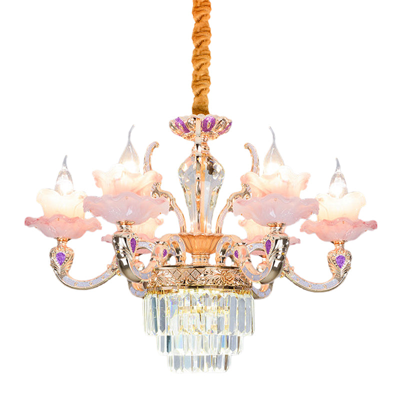6 Lights 2-Layer Ruffle Chandelier Contemporary Pink Glass Pendant Lamp with Tiered Crystal Bottom