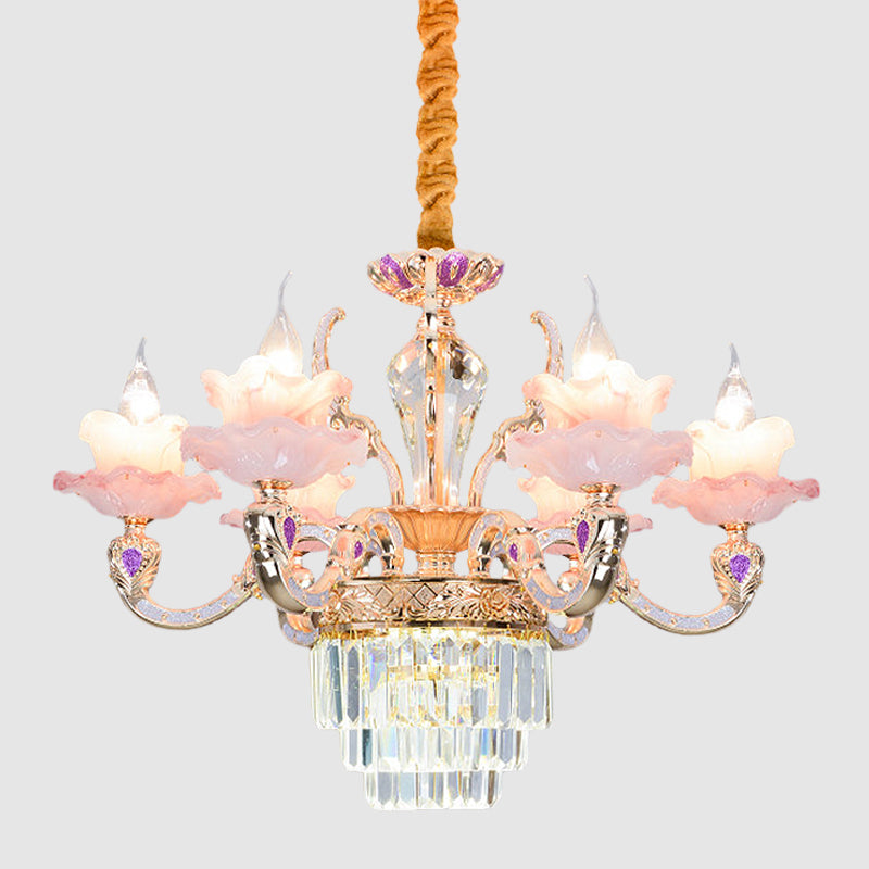 6 Lights 2-Layer Ruffle Chandelier Contemporary Pink Glass Pendant Lamp with Tiered Crystal Bottom