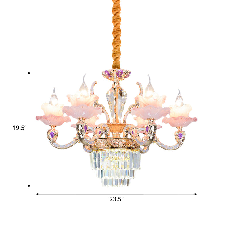 6 Lights 2-Layer Ruffle Chandelier Contemporary Pink Glass Pendant Lamp with Tiered Crystal Bottom