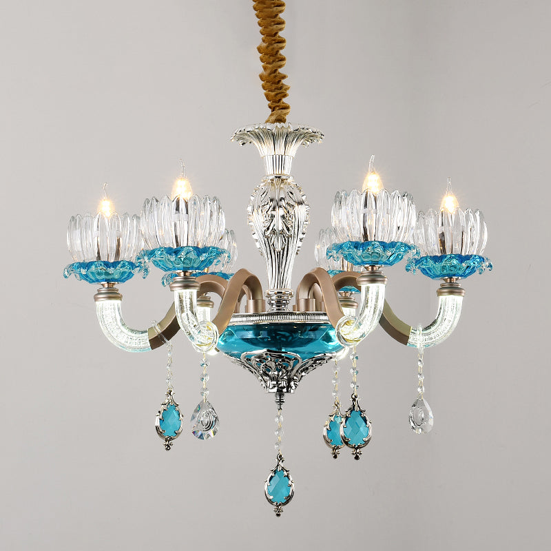 Mid-Century Lotus Buds Chandelier 6 Bulbs Clear and Blue Crystal Suspension Light for Restaurant