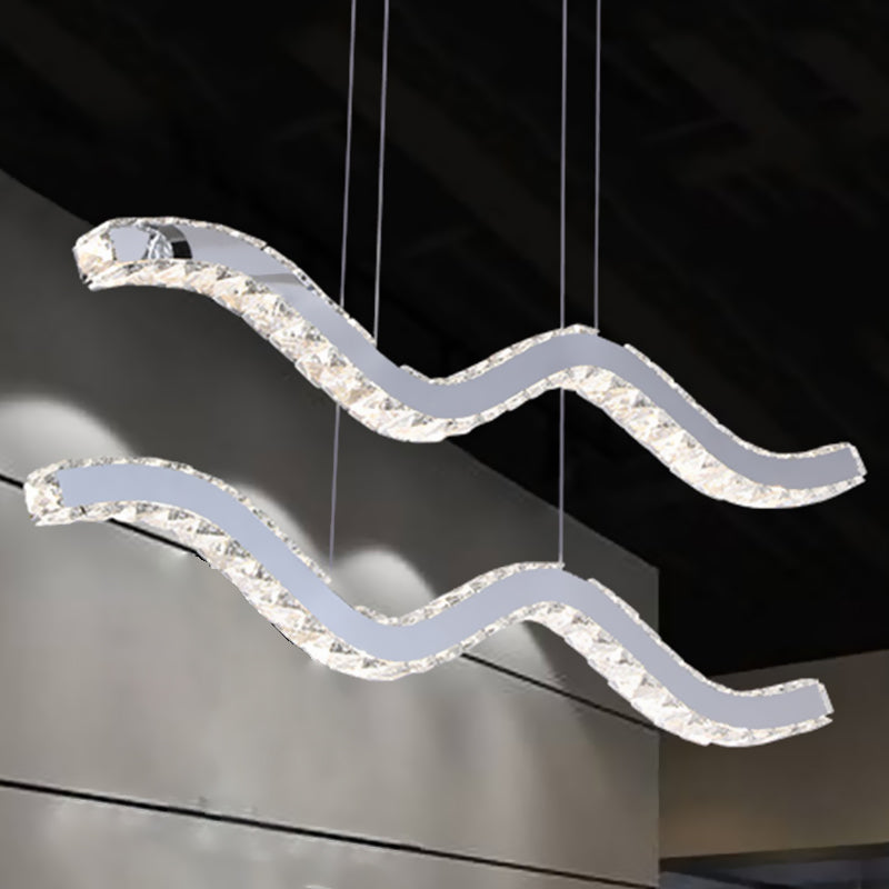 Wavy Crystal Strip Island Pendant Minimalistic Office LED Hanging Light Fixture in Stainless Steel