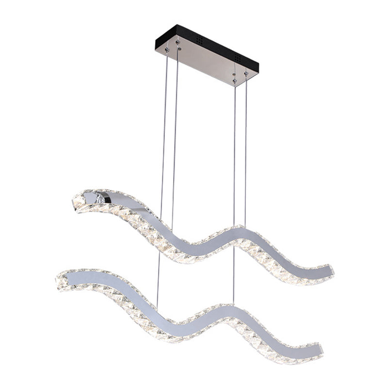 Wavy Crystal Strip Island Pendant Minimalistic Office LED Hanging Light Fixture in Stainless Steel