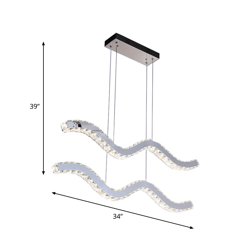 Wavy Crystal Strip Island Pendant Minimalistic Office LED Hanging Light Fixture in Stainless Steel