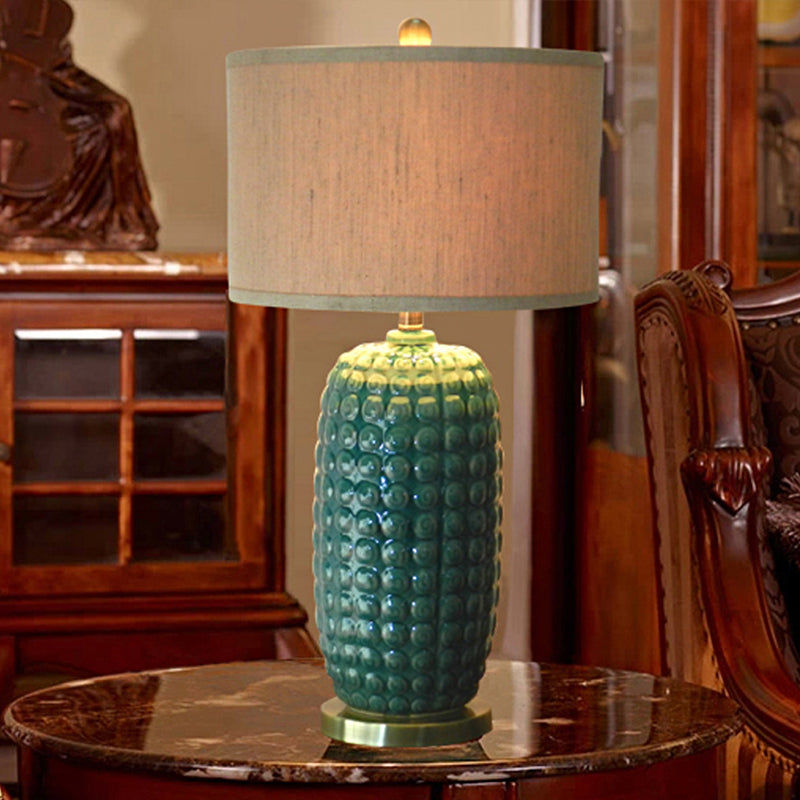 Green Cylindrical Base Nightstand Lamp Retro Porcelain 1 Head Living Room Table Light with Drum Fabric Shade