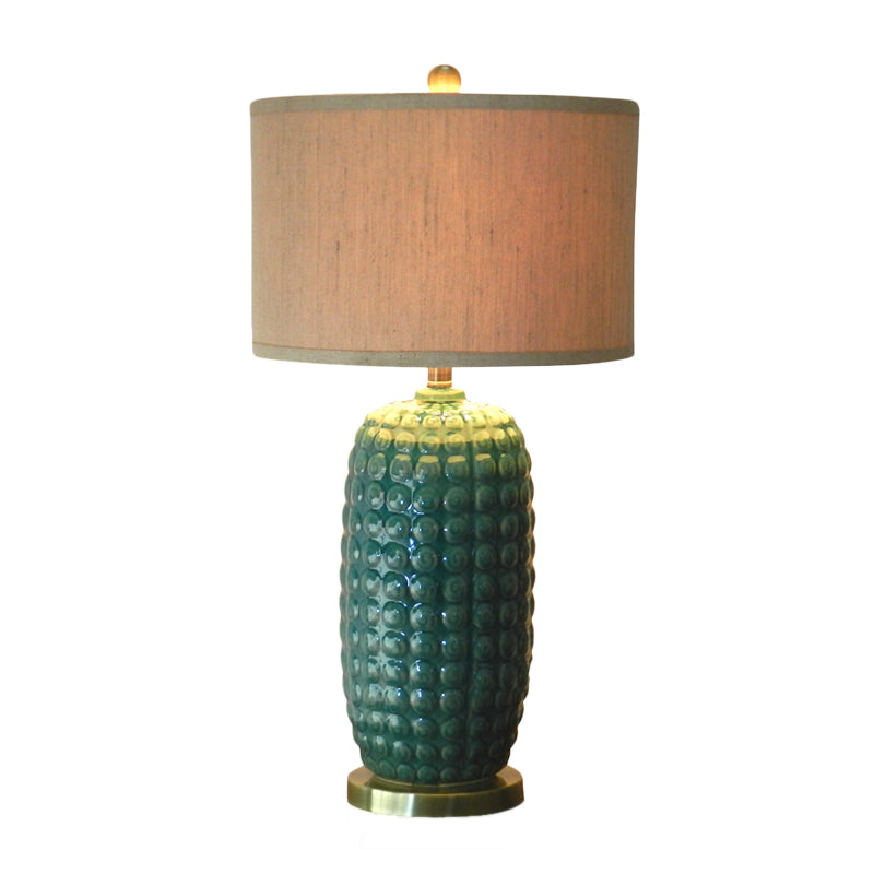 Green Cylindrical Base Nightstand Lamp Retro Porcelain 1 Head Living Room Table Light with Drum Fabric Shade