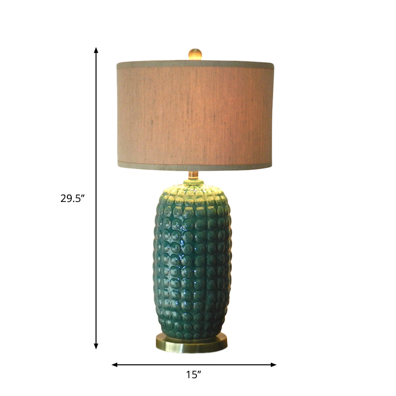 Green Cylindrical Base Nightstand Lamp Retro Porcelain 1 Head Living Room Table Light with Drum Fabric Shade