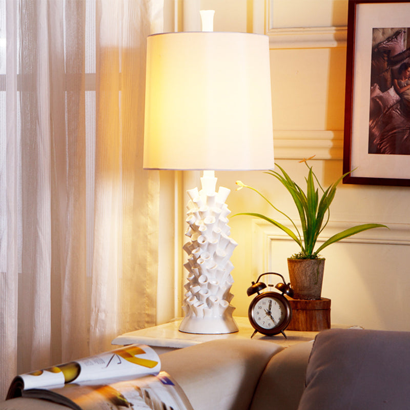 Barrel Shade Night Table Lamp Antiqued 1 Head Fabric Desk Light in White with Resin Base