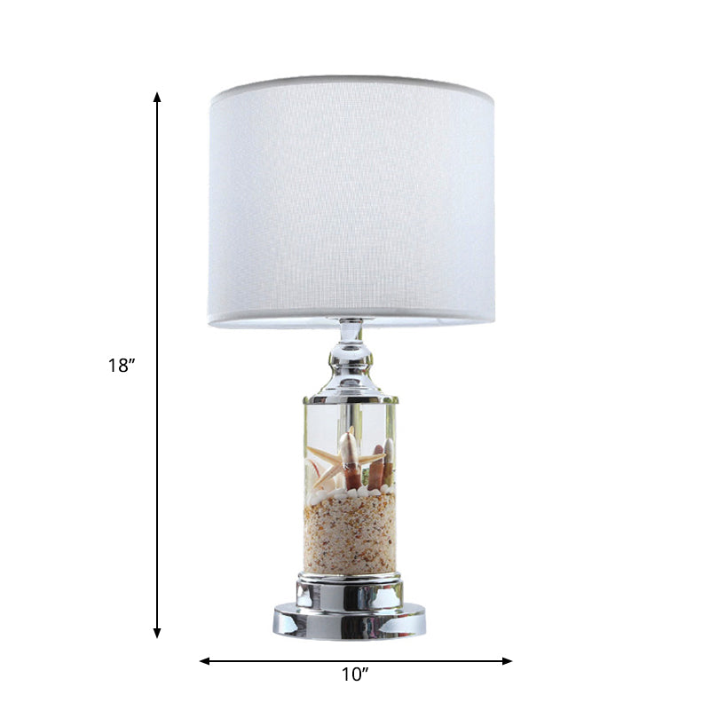 1-Light Metal Night Table Lamp Antique Style White Cylindrical Base Bedroom Table Light with Drum Fabric Shade