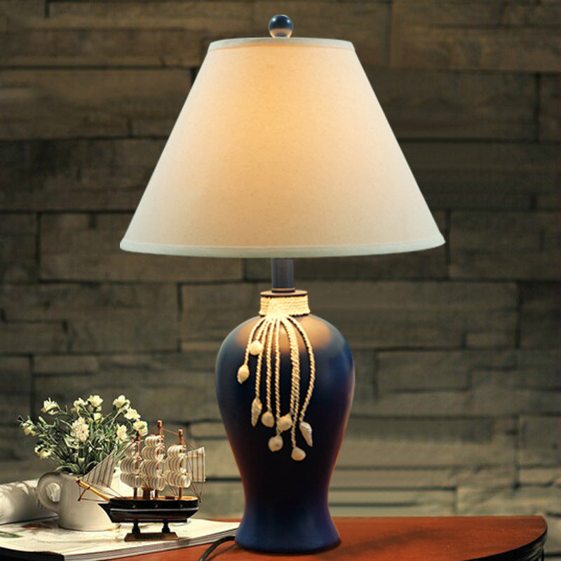 Flared Shaped Night Table Lamp Traditional Style 1-Bulb Fabric Table Light in Blue for Living Room