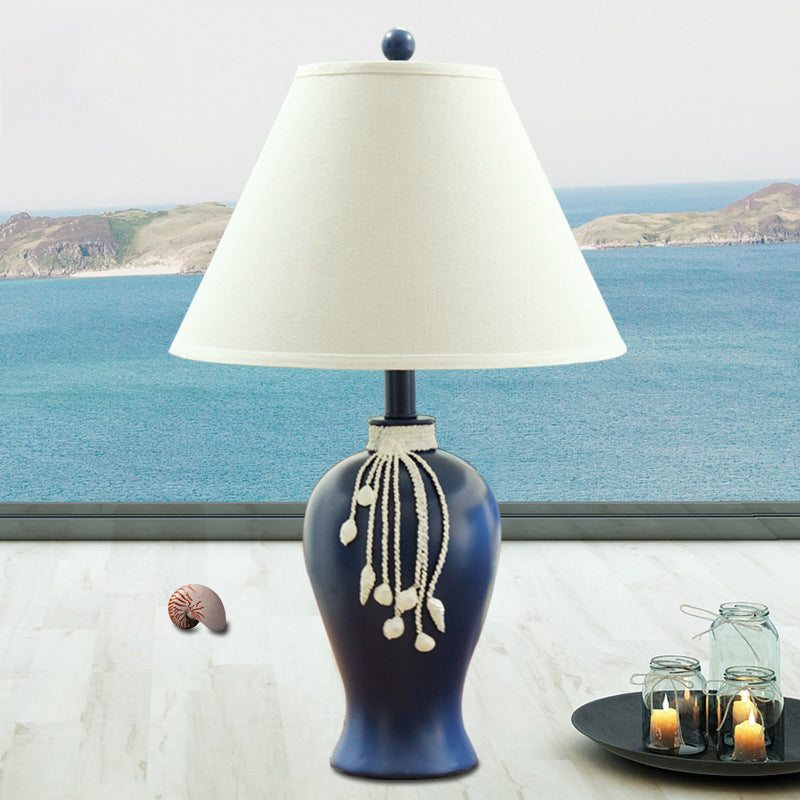 Flared Shaped Night Table Lamp Traditional Style 1-Bulb Fabric Table Light in Blue for Living Room