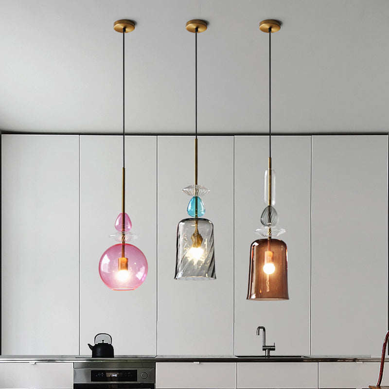Pink/Blue/Amber Globe/Cylindrical/Dome Suspension Pendant Modernist 1 Light Smooth/Water Glass Hanging Ceiling Light