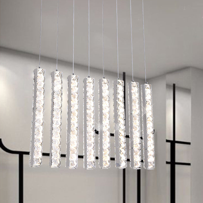 Crystal-Encrusted Rectangle Drop Pendant Minimalism Dining Table LED Multi Hanging Light in Chrome