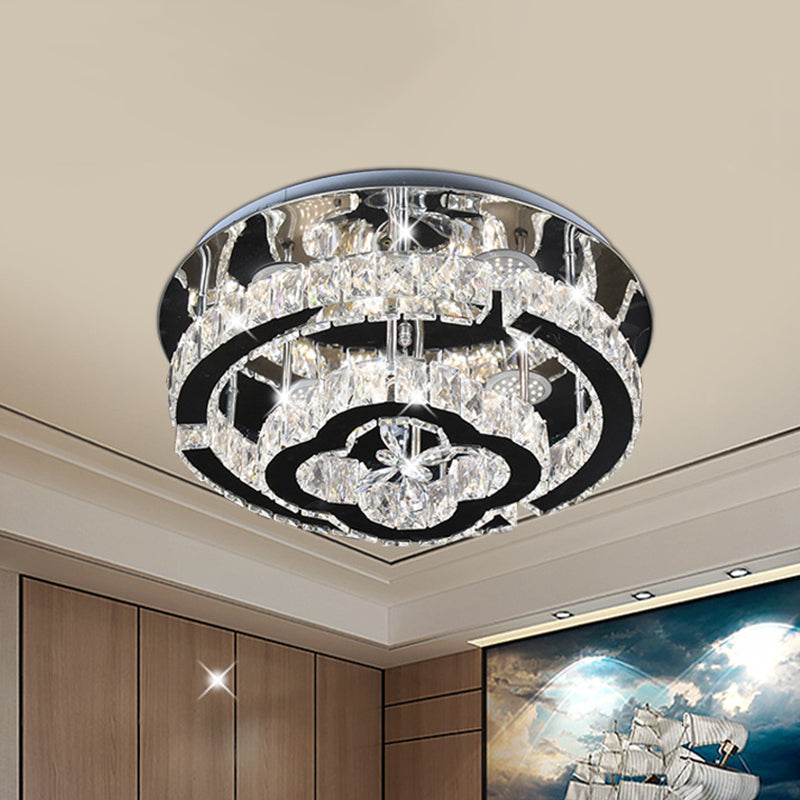 LED Semi Flush Light Fixture Modern Tiered Frame Crystal Embedded Close to Ceiling Lighting in Stainless Steel