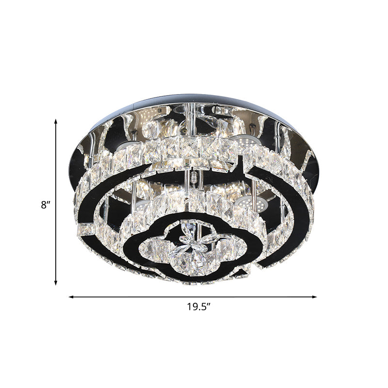 LED Semi Flush Light Fixture Modern Tiered Frame Crystal Embedded Close to Ceiling Lighting in Stainless Steel