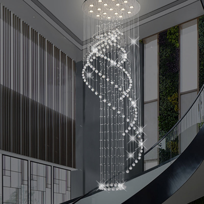 Spiral Lobby Ceiling Pendant Light Modern Cascading Crystal LED Chrome Multi Hanging Light Fixture