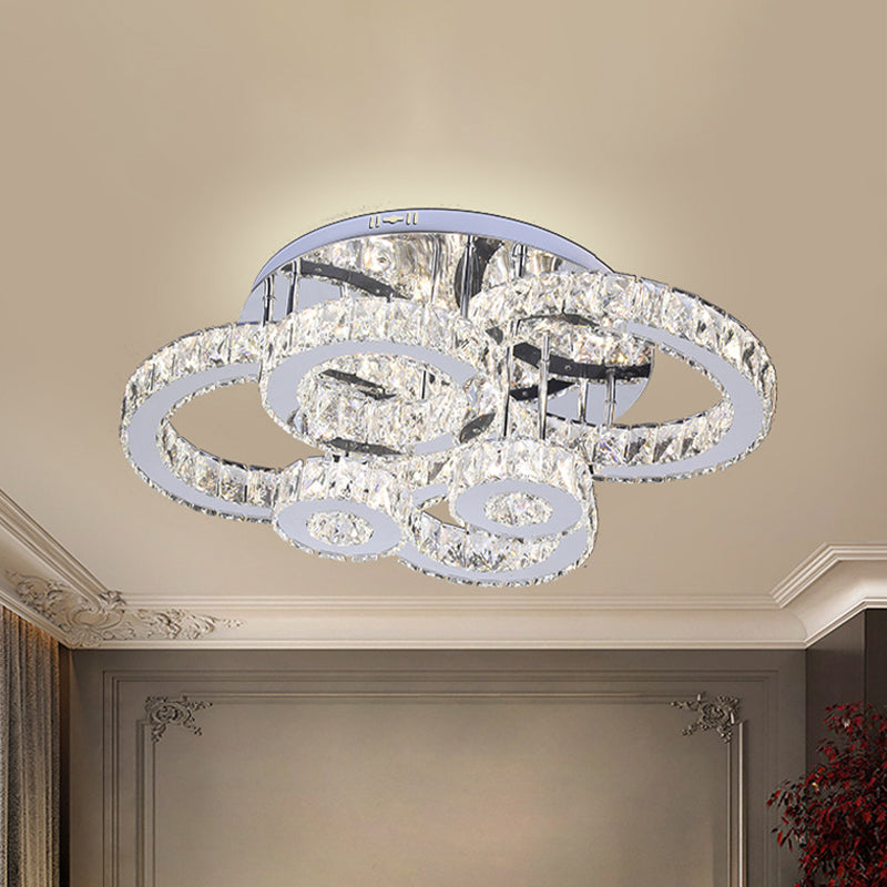 Crystal Multi-Rings Ceiling Lighting Contemporary Bedroom LED Semi-Flush Mount Light in Stainless Steel