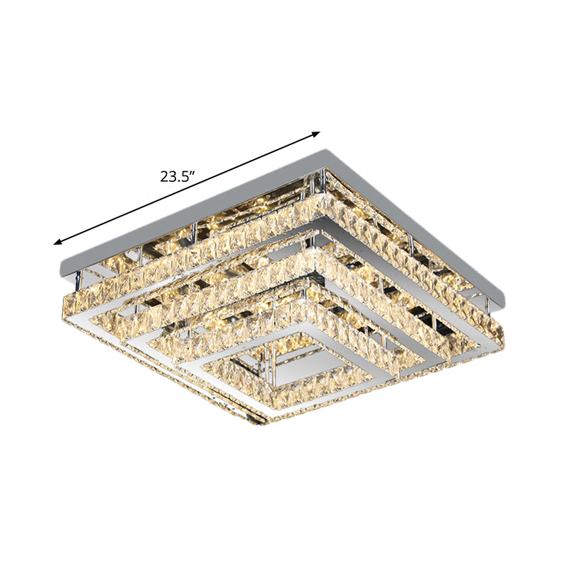 3-Tier Square Crystal Semi Flush Modernism Bedroom LED Close to Ceiling Light in Stainless Steel