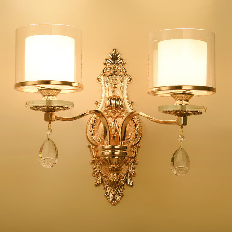 2-Light Wall Sconce Lighting Modern Double Cylinder Clear and Frosted Glass Wall Mounted Lamp in Gold