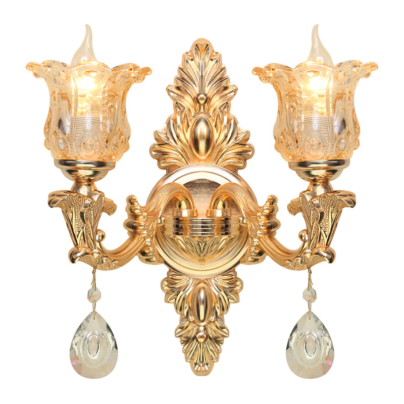 Bellflower Amber Glass Wall Lamp Kit Antique 2 Lights Living Room Sconce Light Fixture in Gold