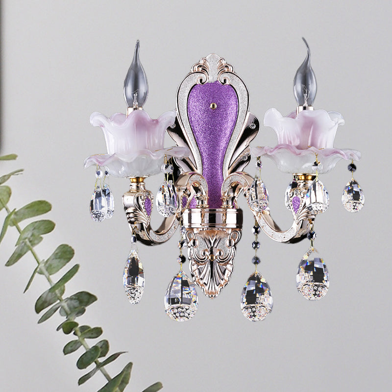 Frosted Glass Purple Wall Lighting Ruffle 1/2-Bulb Modern Style Wall Sconce Light with Teardrop Crystal Drops