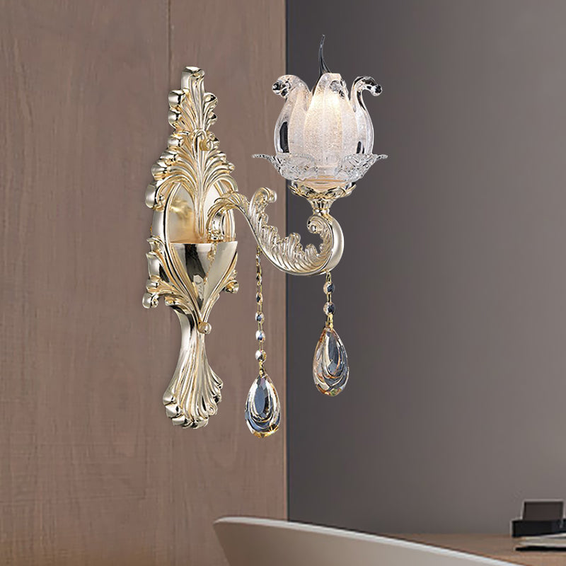 1/2-Light Frosted Glass Sconce Traditional Gold Semi-Open Flower Living Room Wall Mounted Light