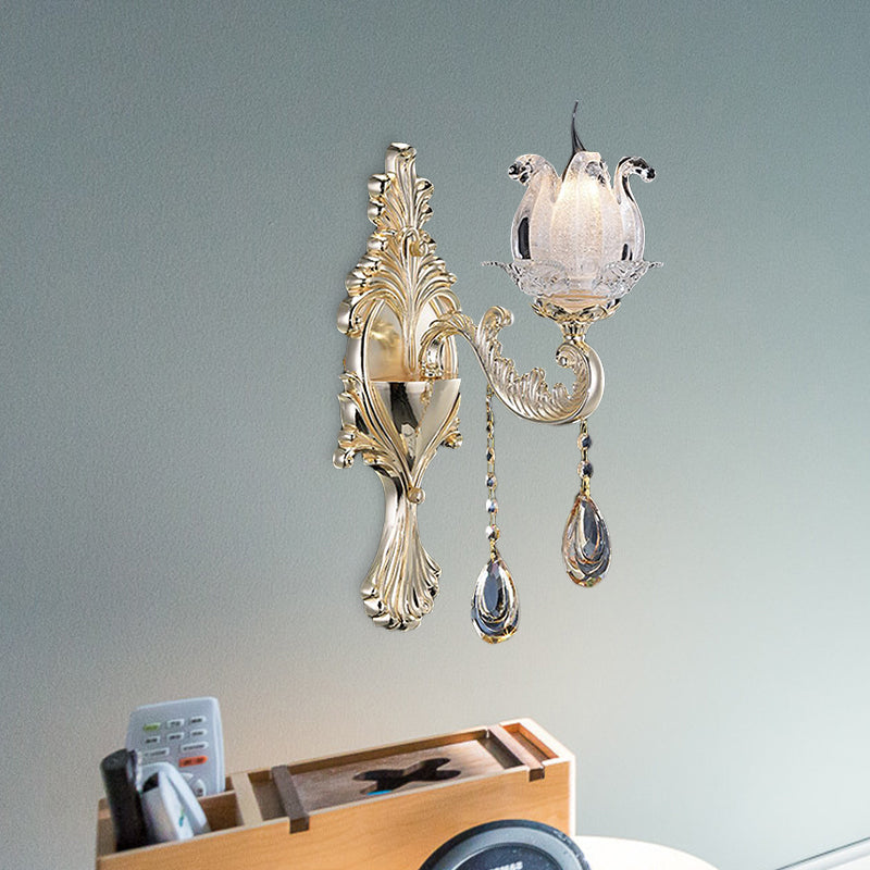 1/2-Light Frosted Glass Sconce Traditional Gold Semi-Open Flower Living Room Wall Mounted Light