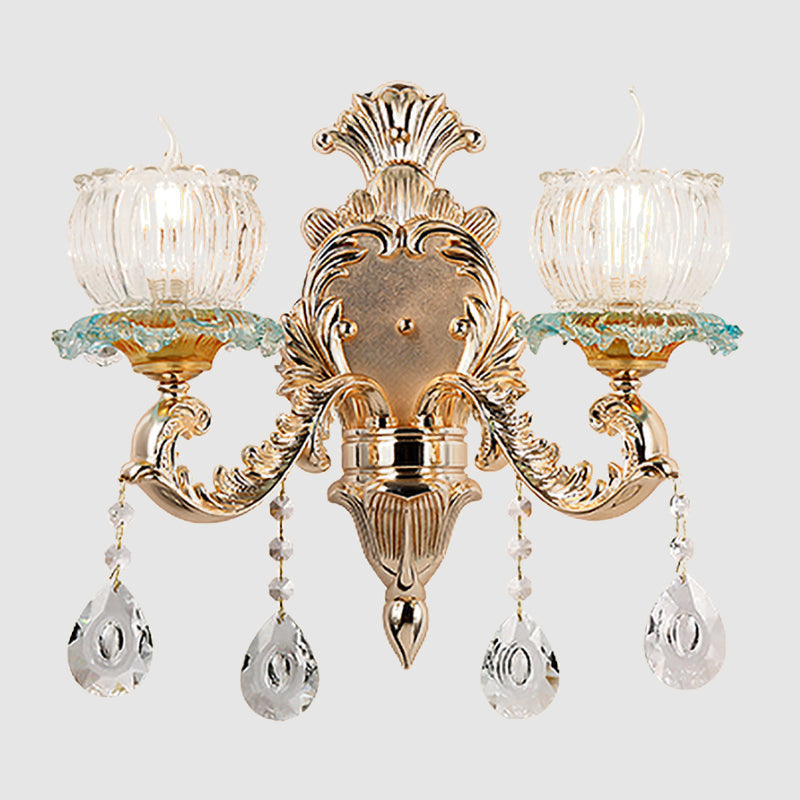 Bowl Crystal Mur Mount lampe traditionnelle 2 lumières Éclairage mural de restaurant en or