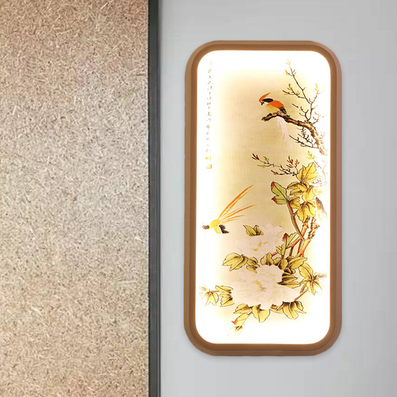 Tissu rectangle feuille et oiseau mural légère de style chinois LED Mont mural jaune lumière
