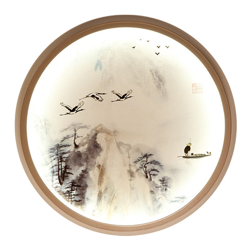 White Circular Wall Mounted Lighting Asia Style LED Metallic Mural Lamp with Pine Tree and Bird Pattern