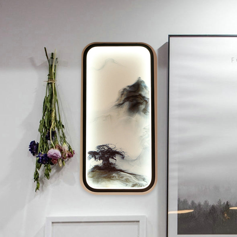 Rectangle Shaped Mountain Wall Mount Light Oriental Metallic LED Black Wall Mural Lamp for Living Room