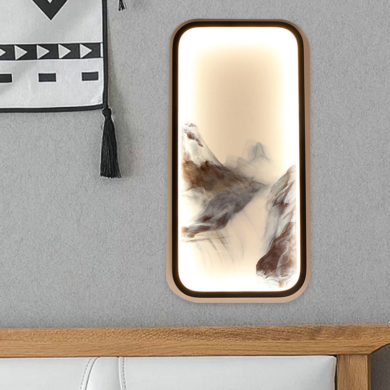 Rectangle Shaped Mountain Wall Mount Light Oriental Metallic LED Black Wall Mural Lamp for Living Room