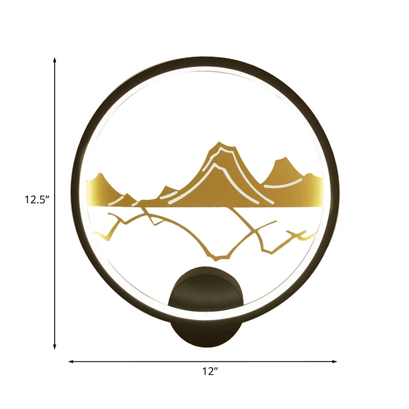 Black Circular Wall Mounted Light Fixture Asia Style LED Acrylic Wall Mural Lamp with Mountain Pattern