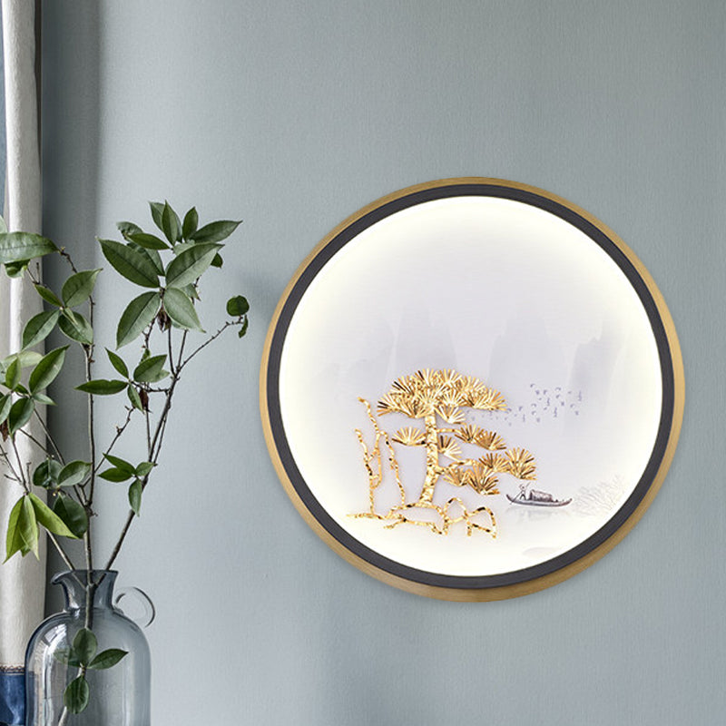Round/Rectangle Pine Tree Wall Mural Light Chinese Style Metallic LED Guest Room Wall Lighting Idea