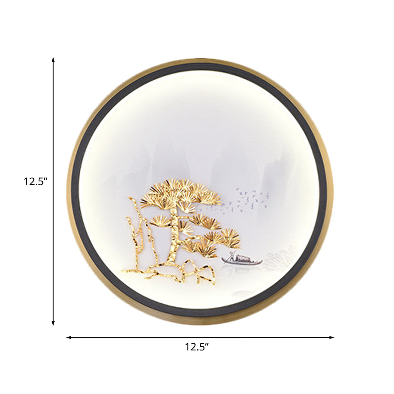 Round/Rectangle Pine Tree Wall Mural Light Chinese Style Metallic LED Guest Room Wall Lighting Idea