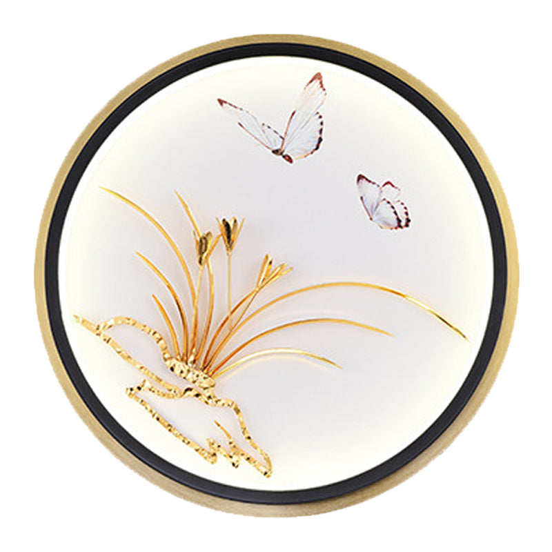 Gold Circular/Rectangle Shaped Mural Light Chinese Style LED Metallic Wall Mounted Lamp with Butterfly and Leaf Pattern