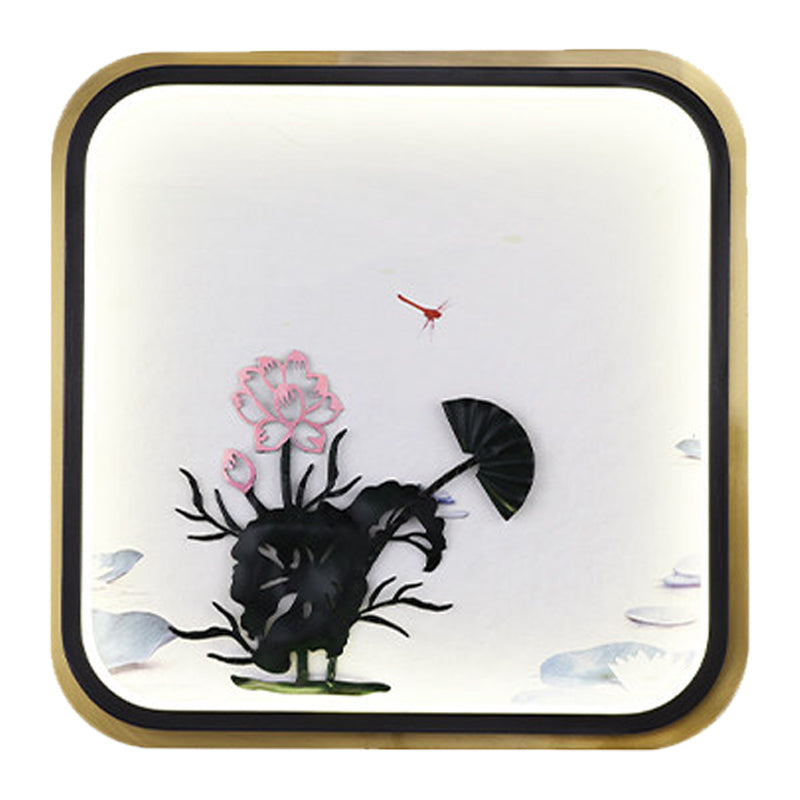 Chinese Square/Rectangle Metallic Mural Light LED Lotus Wall Mounted Lighting in Black and Gold