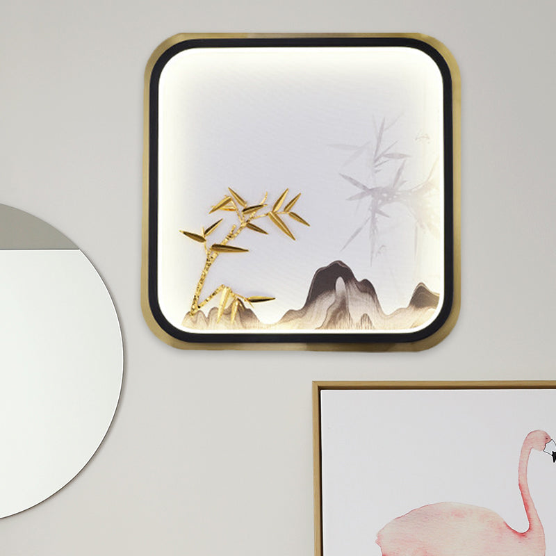 Rectangle/Square Bedroom Wall Lighting Metal LED Oriental Style Mural Lamp in Gold with Bamboo and Mountain Pattern