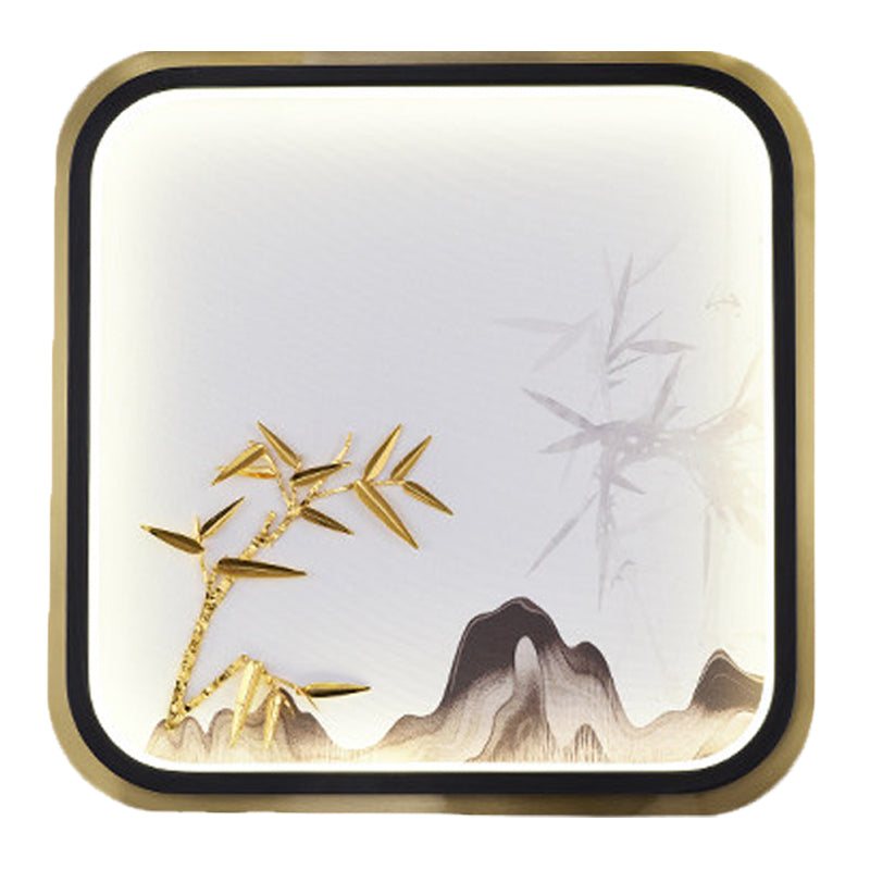 Rectangle/Square Bedroom Wall Lighting Metal LED Oriental Style Mural Lamp in Gold with Bamboo and Mountain Pattern