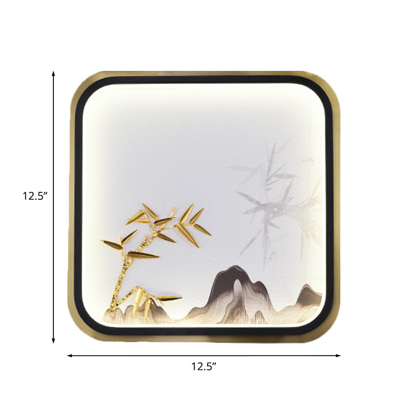 Rectangle/Square Bedroom Wall Lighting Metal LED Oriental Style Mural Lamp in Gold with Bamboo and Mountain Pattern