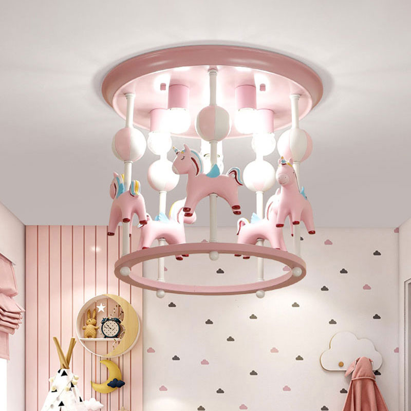 Cartoon Unicorn Flush Mount Light with Carrousel Design Resin 6 Bulbs Kid Room Flush Lamp in Blue/Pink