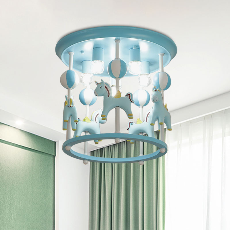 Cartoon Unicorn Flush Mount Light with Carrousel Design Resin 6 Bulbs Kid Room Flush Lamp in Blue/Pink