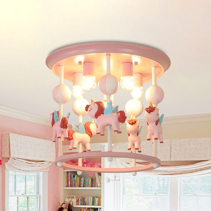 Cartoon Unicorn Flush Mount Light with Carrousel Design Resin 6 Bulbs Kid Room Flush Lamp in Blue/Pink