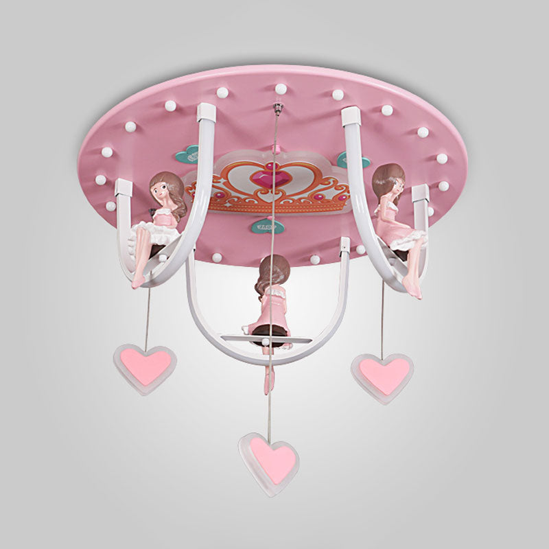 Cartoon Girl and Swing Flush Lamp Resin Kids Room LED Lighting Fixture with Loving Heart Detail in Pink