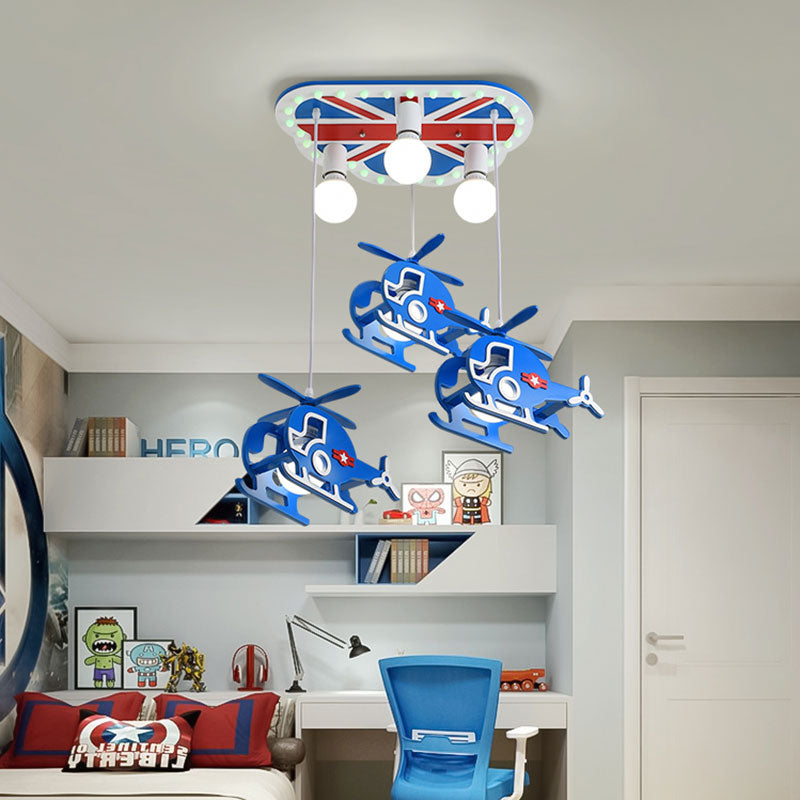 Elicottero metallico elicottero multi-pendente cartone animato 6 lampadine a soffitto appeso in blu per la stanza per bambini
